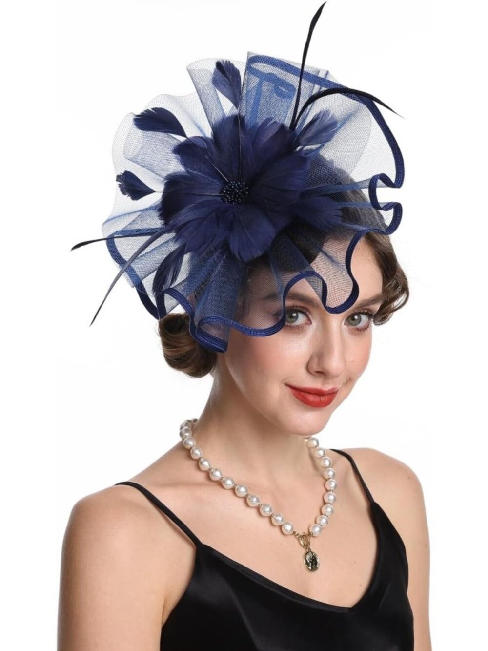 Elegant Women's Fascinator Hair Clip with Bowler, Feather, Flower & Veil for